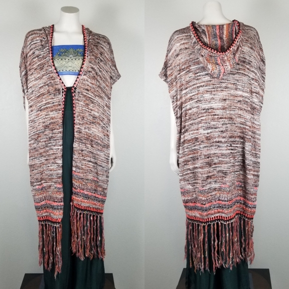 Free People Festival Lagenlook Jungle Heat Hood Tiger Fringe Cardigan Size XS - Picture 2 of 12